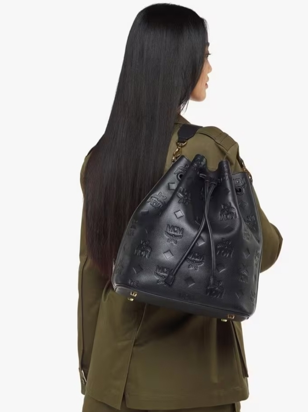 MCM Black Embossed Leather Drawstring Bucket Bag - Picture 6 of 6